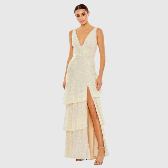 Mac Duggal Iridescent Sequin Asymmetrical Ruffle Tiered Gown size 6. - Picture 1 of 10